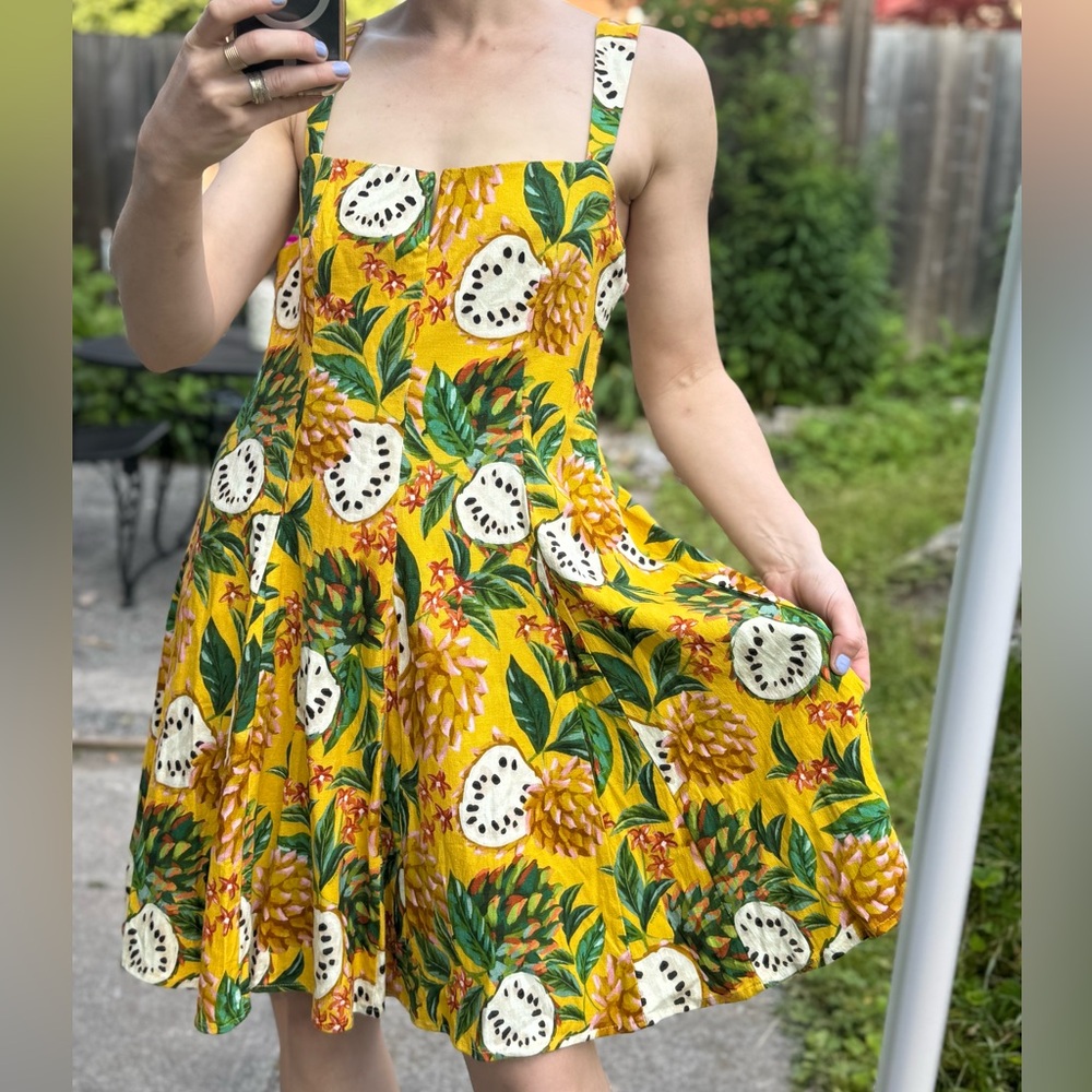 Farm Rio Tropical Yellow Sundress with Fruit Print